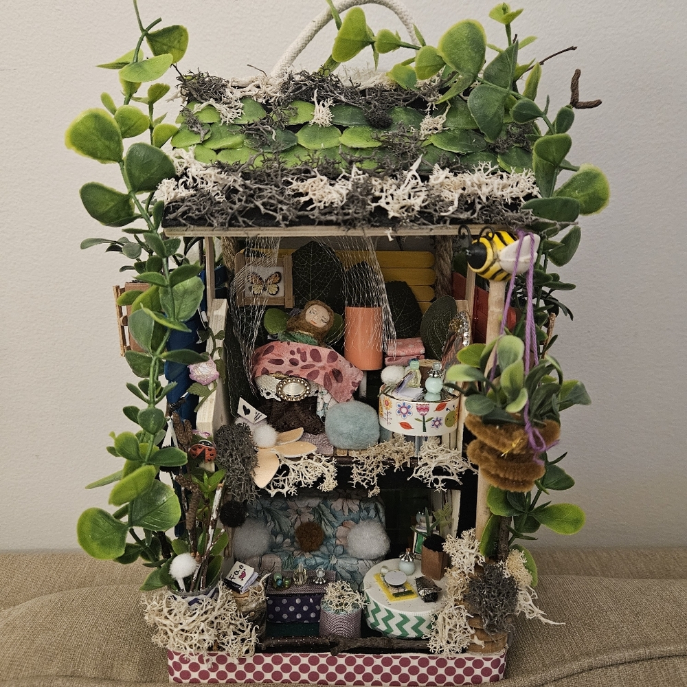 Handmade OOAK Fairy House Miniature Dwelling with Sleeping Fairy 10" Handcrafted